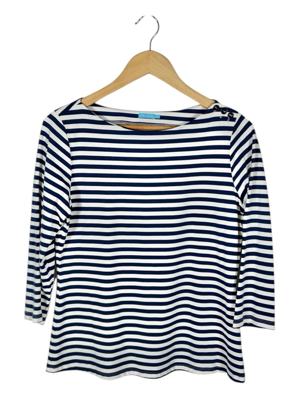 J. McLaughlin Navy Striped Boatneck Button 3/4 Sleeve Catalina Cloth Top